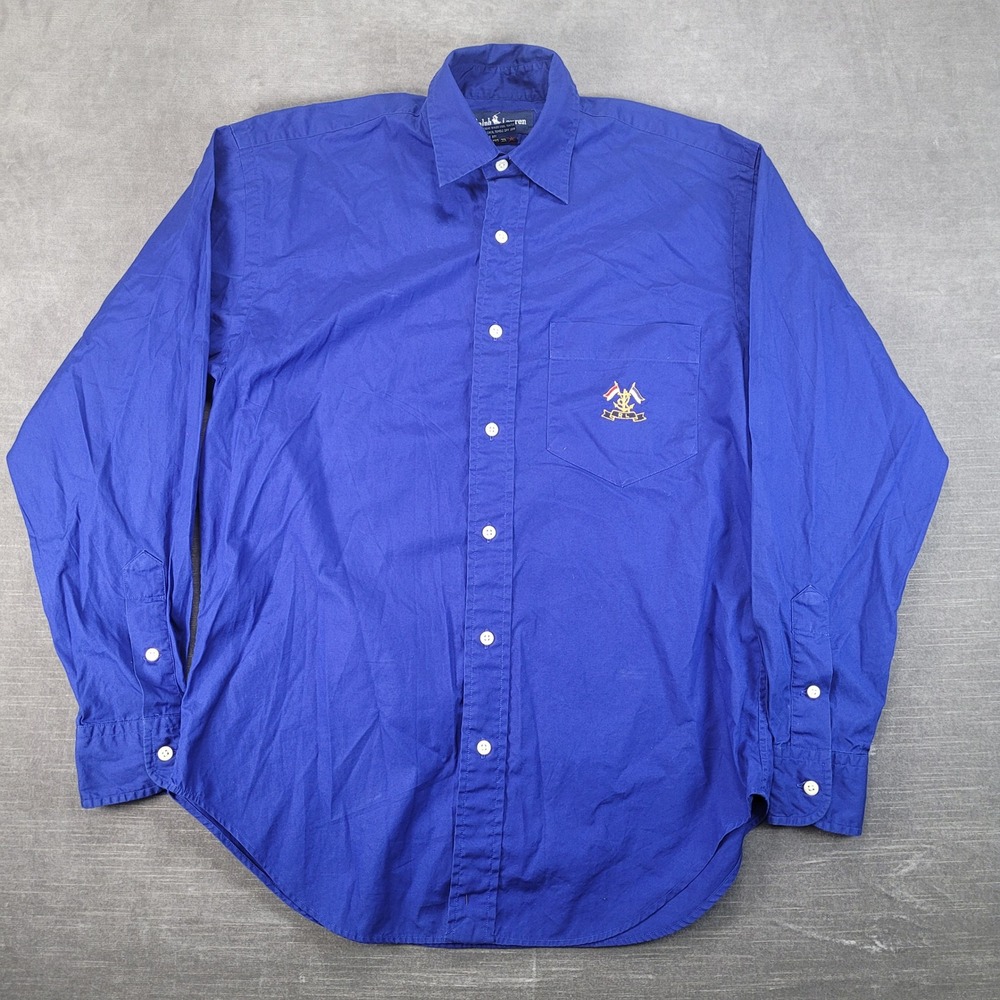 Ralph Lauren Womens Royal Blue Button Up Shirt Nautical Crest Pocket Cotton Sz 6